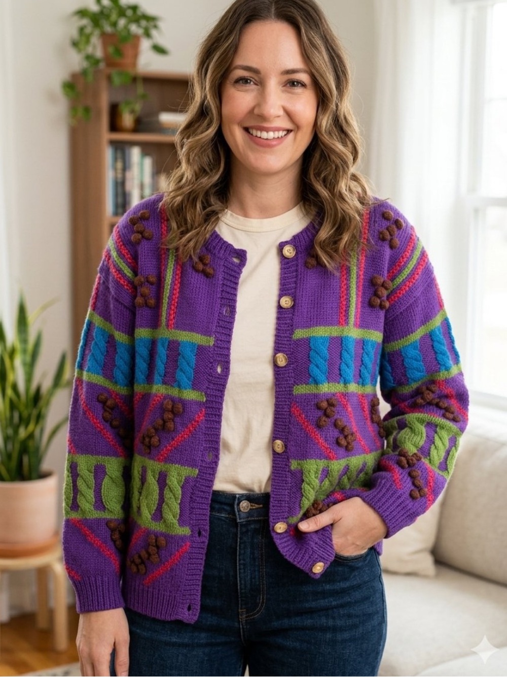 Vintage Wool Cardigan Cottagecore 80s 90s Whimsical Grandma Chic Colorblock Knit